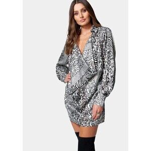 Women's BeBe Animal Printed Satin Cowl Neck Shirt Dress Size XS